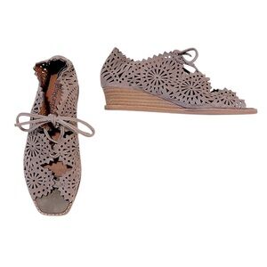Jeffery Campbell Espejo Beige Tan Perforated Suede Boho Lace Up Wedge Open Toe